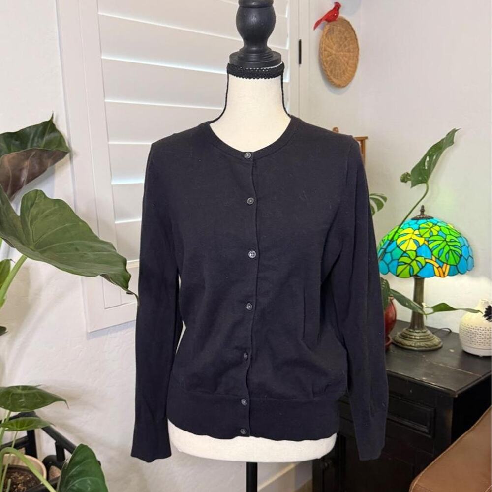 Lands’ End Black Cotton Blend Button Front Cardigan Medium Petite